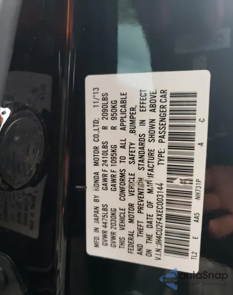 2014 Acura Tsx from USA, damaged, VIN JH4CU2F4XEC003144